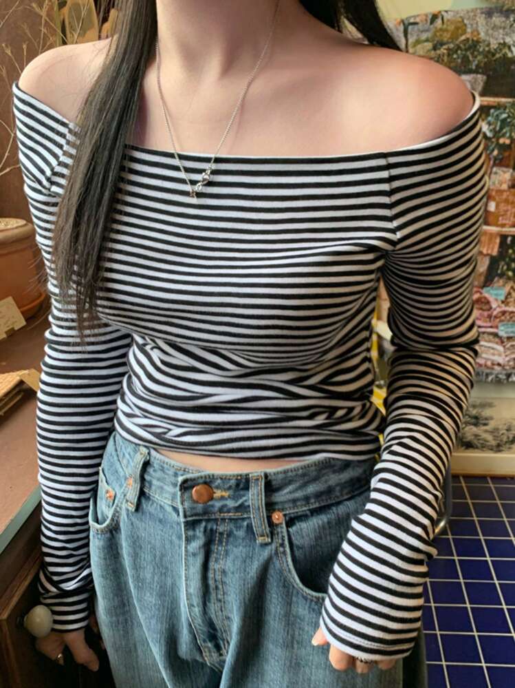 DAZY ストライプ オフショルダー レディースTシャツ、秋服 長袖