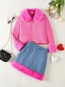 SHEIN Cô gái Tween Cổ áo Borg Dây kéo Áo khoác & Váy Denim - Màu Hồng Tươi - Xem 7