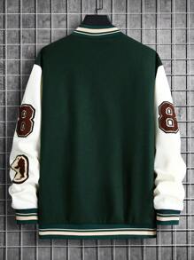 Manfinity Homme Loose Fit Men's Varsity Jacket With Letter Patchwork And Striped Trim Detail - Green - View 2