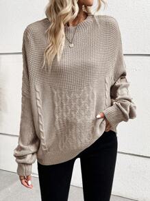 SHEIN LUNE Áo len chui đầu dệt kim kiểu dây cáp, vai rớt, thích hợp cho mùa thu đông. - Màu Khaki - Xem 1