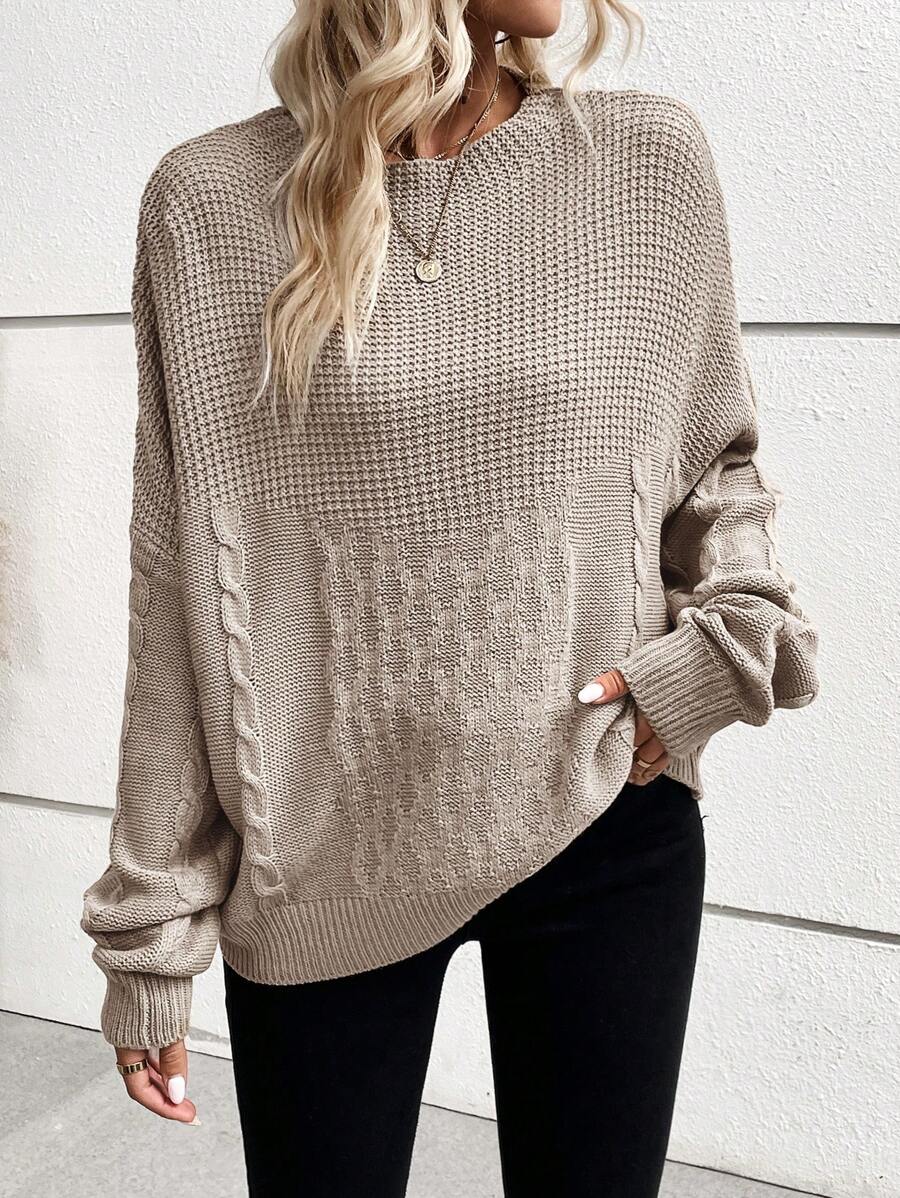 SHEIN LUNE Áo len chui đầu dệt kim kiểu dây cáp, vai rớt, thích hợp cho mùa thu đông. - Màu Khaki - Xem 1