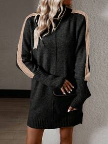 SHEIN LUNE Vestido de punto con costura lateral en contraste de manga raglán - Negro - Ver 4