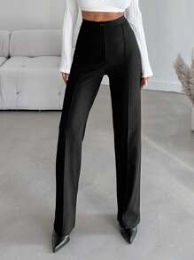 SHEIN Cottnline Plus Size Cotton Women's Solid Color Straight Leg Pants - Black - View 4