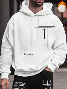 Manfinity Homme 男士連帽衛衣帶字母圖案和抽繩閉合,加厚襯墊 - 白色 - 查看 1