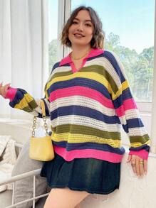 Flirla Plus Striped Colorblock Drop Shoulder Pointelle Knit Sweater Knit Pullover Fall Winter Sweater - Multicolor - View 4