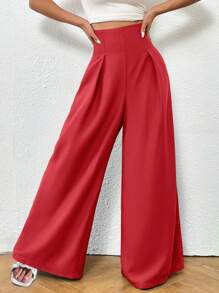 SHEIN LUNE 高腰拼接細節闊腿褲 - 紅色 - 查看 1