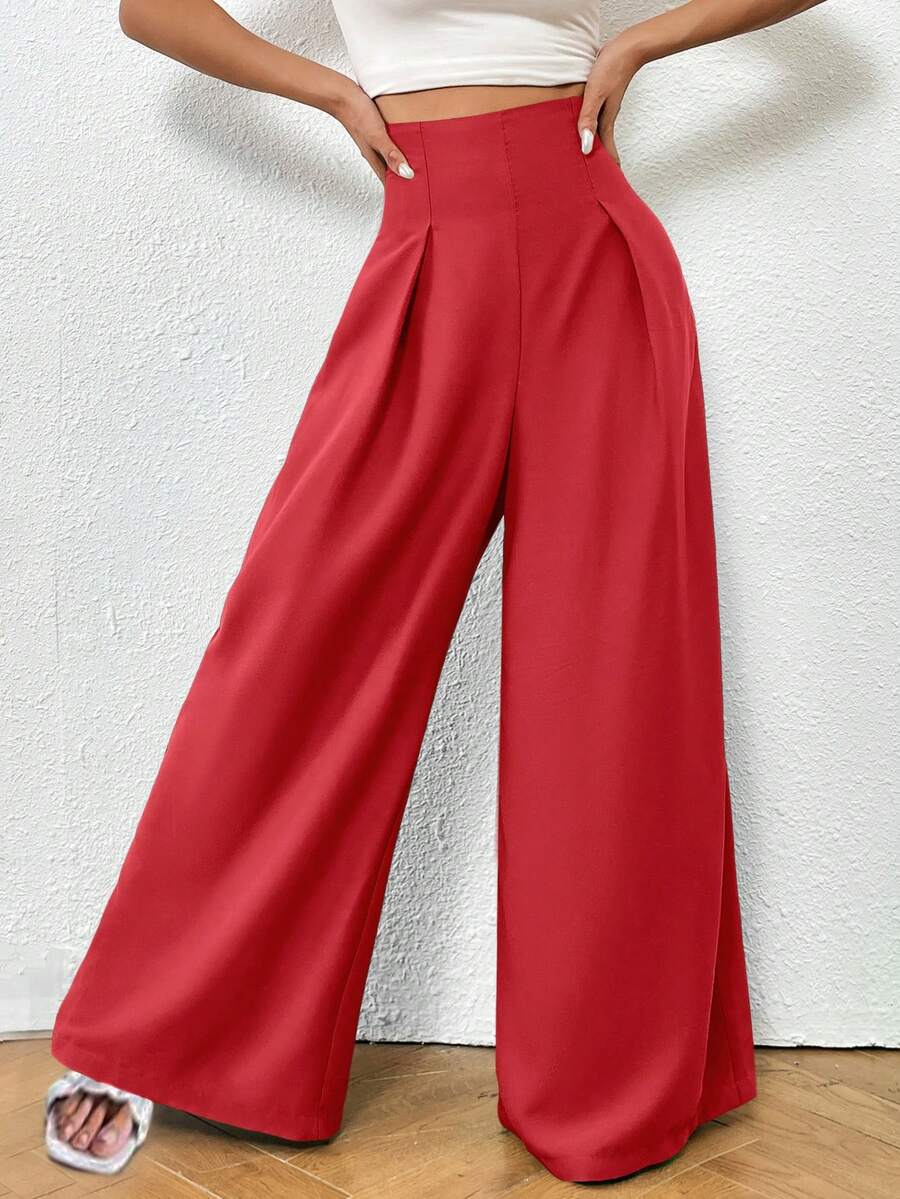 SHEIN LUNE 高腰拼接細節闊腿褲 - 紅色 - 查看 1