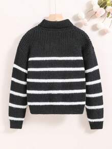 女大童條紋圖案高領落肩袖套頭毛衣 - 黑色 - 查看 2