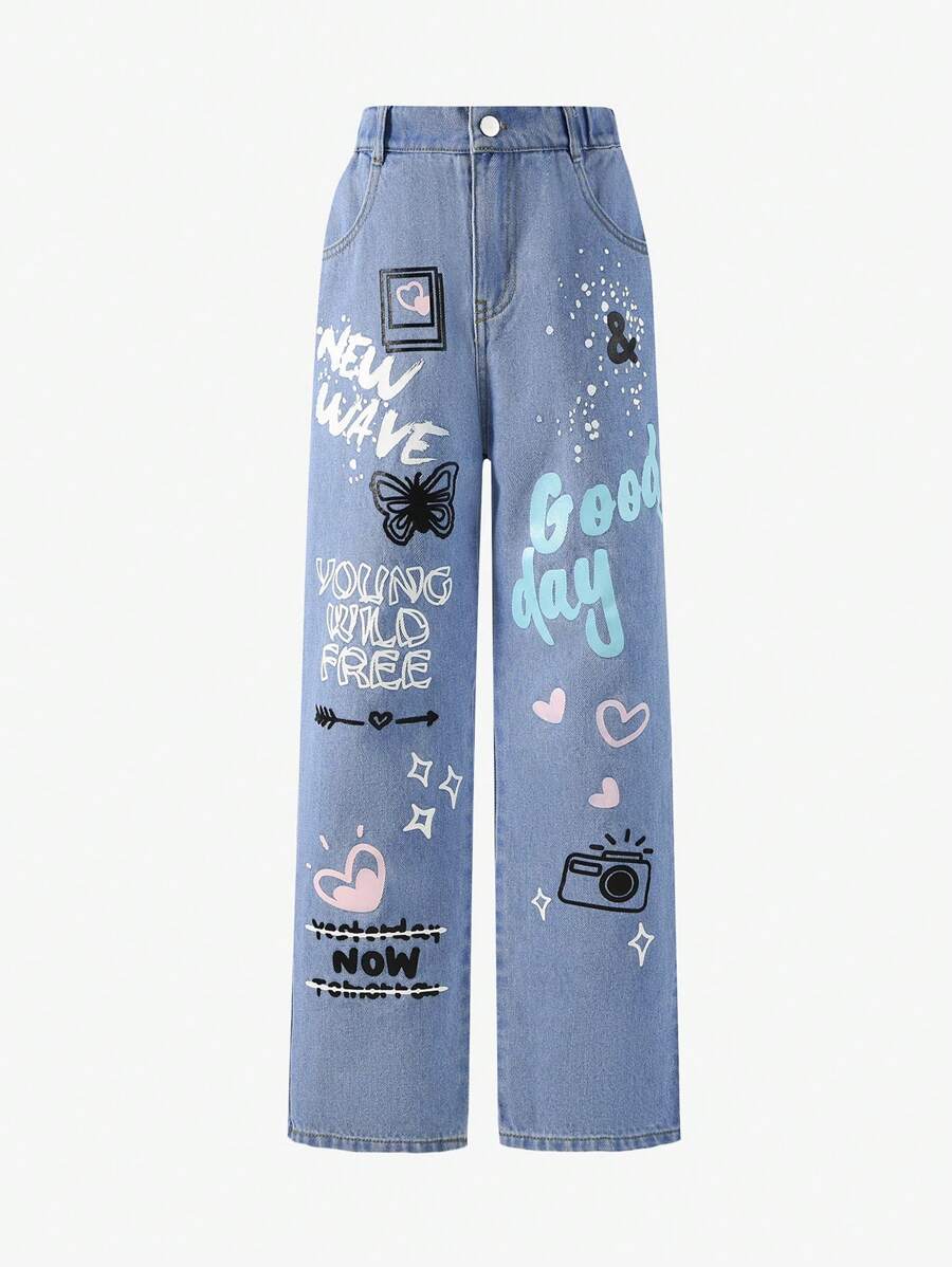 Tween Girl Letter & Butterfly Print Wide Leg Jeans - Light Wash - View 1