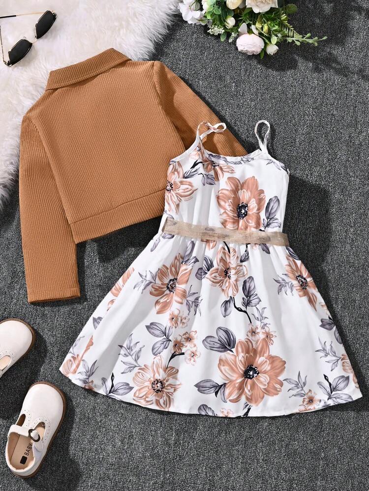 Young Girl Floral Print Belted Cami Dress & Cord Jacket