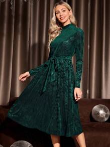 EMERY ROSE Mock Neck Belted Velvet Dress - Green - View 4