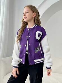 SHEIN Tween Girl Letter Patched Detail Striped Trim Drop Shoulder Varsity Jacket - Multicolor - View 4