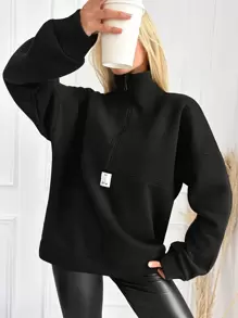 RueChic Women's Half Zipper Drop Shoulder Sweatshirt - Black - View 5