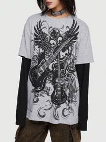 ROMWE Grunge Punk Guitar & Wings Print Drop Shoulder 2 in 1 Tee - Grey - View 2