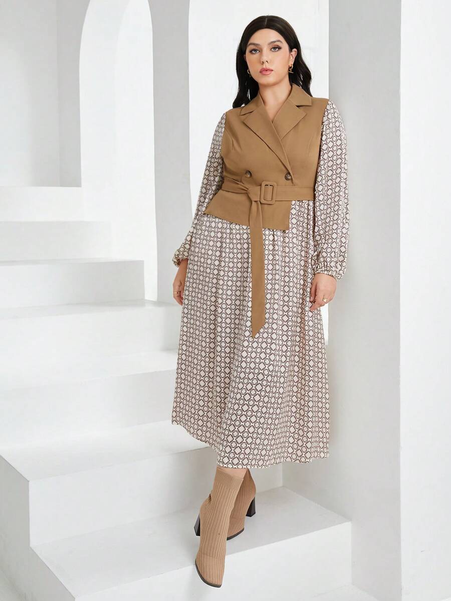 Mulvari Plus Size Geometric Print Patchwork Vest Belted Dress - Khaki - View 1