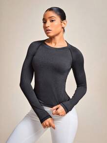 SHEIN Yoga Basic 純色網眼插入運動套衫基本t恤,短袖到肩袖設計 - 深灰色 - 查看 1