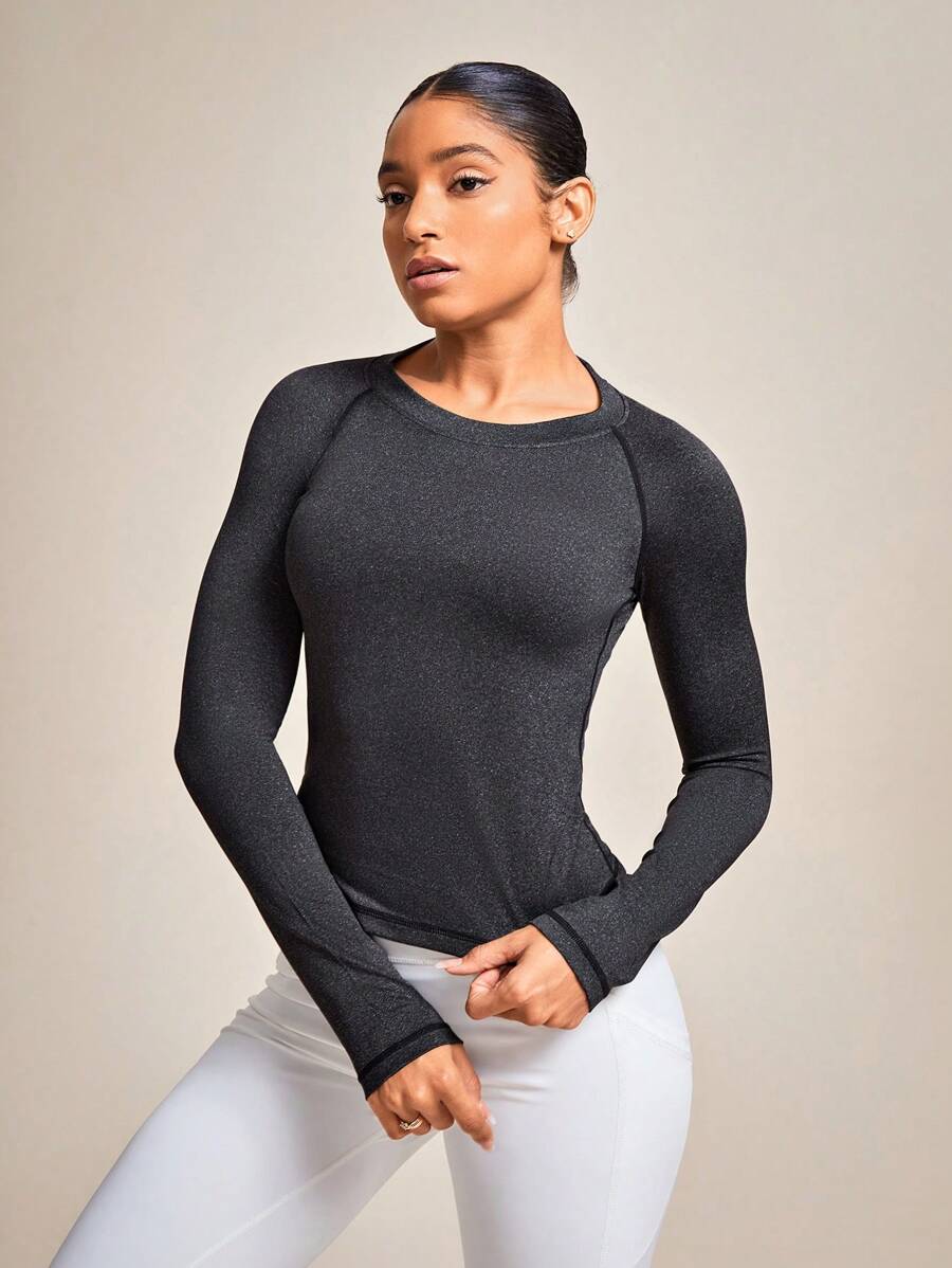 SHEIN Yoga Basic 純色網眼插入運動套衫基本t恤,短袖到肩袖設計 - 深灰色 - 查看 1