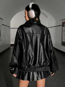 SHEIN EZwear Zip Up Drop Shoulder PU Leather Jacket - Black - View 2