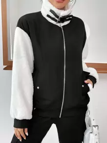 SHEIN EZwear Khối màu Tương phản Teddy Thả vai Áo khoác - Đen và trắng - Xem 4