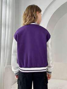 SHEIN Tween Girl Letter Patched Detail Striped Trim Drop Shoulder Varsity Jacket - Multicolor - View 2