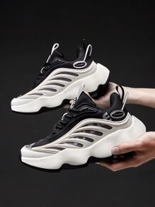 Sportliche klobige Schuhe für Herren, zweifarbige Turnschuhe mit Buchstaben-Patch-Dekor zum Schnüren - Schwarz und Weiss - Übersicht 3