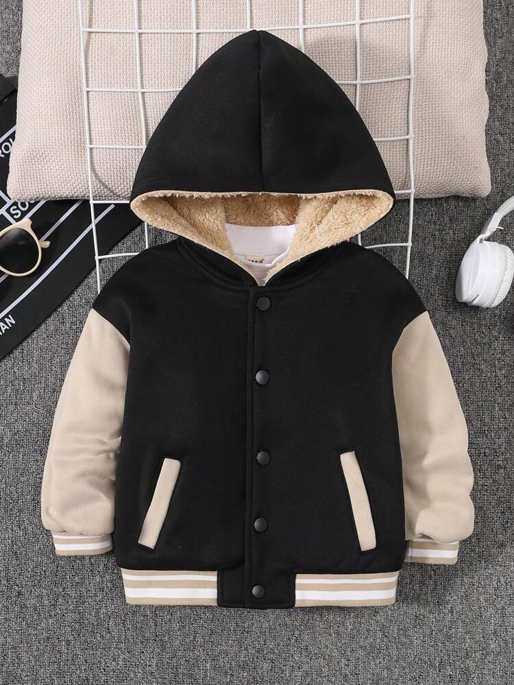 ヤングボーイ カジュアル&ストリートスタイルルーズフィットフード付きジャケット、宇宙飛行士のバックデザイン、パッチワーク袖、ストライプ装飾、秋と冬に最適