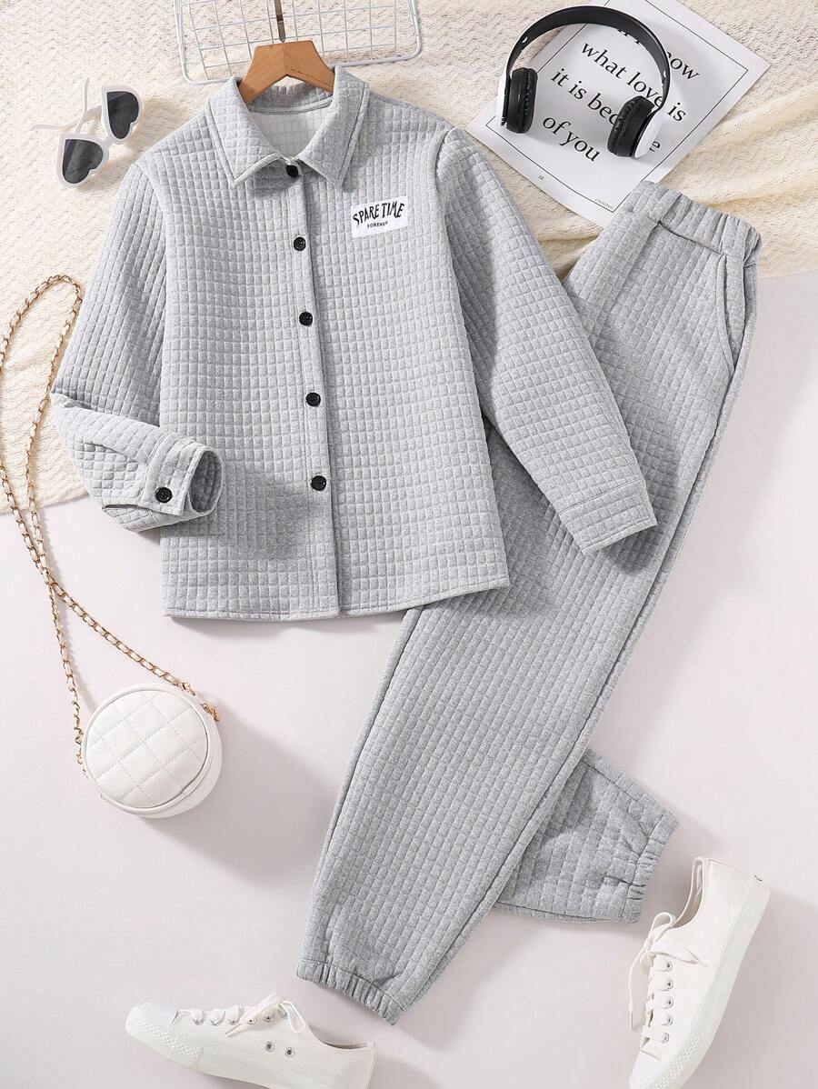 SHEIN 女大童字母補丁細節紋理質感夾克和褲子 - 灰色 - 查看 1