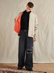 Manfinity Homme Oversized Men's Zip-Up Bomber Jacket - Khaki - View 5