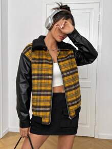 SHEIN EZwear Plaid Patchwork Fabric Zipper Front Jacket With Collar