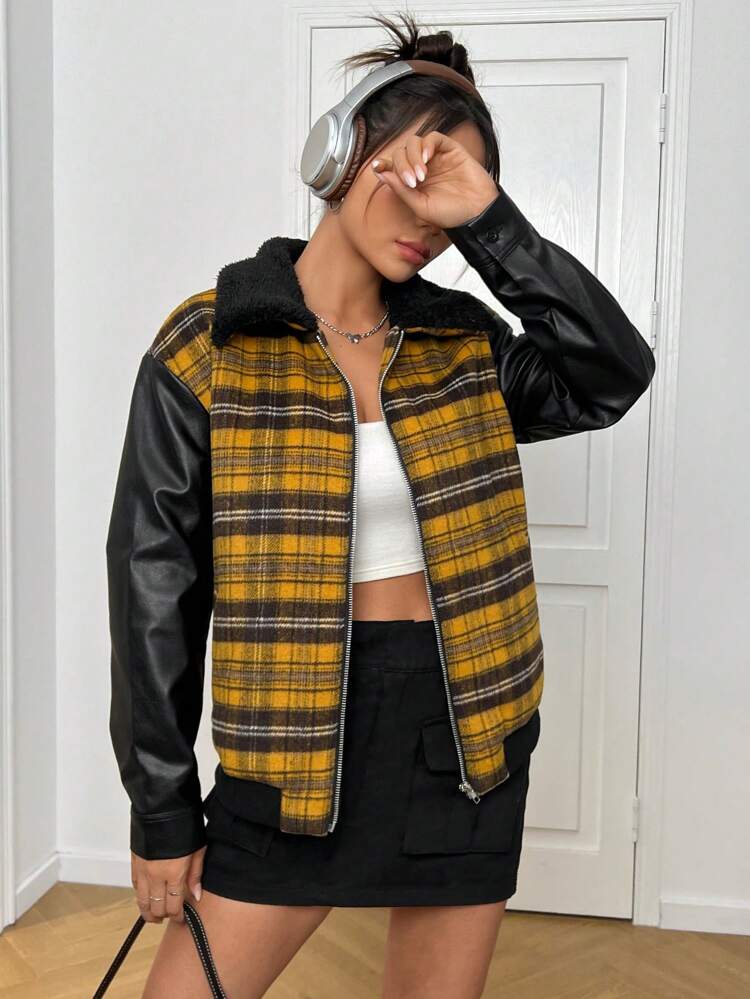 Plaid Patchwork Fabric Zipper Front Jacket With Collar