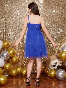 Teen Girl One Shoulder Mesh Overlay Dress - Baby Blue - View 2