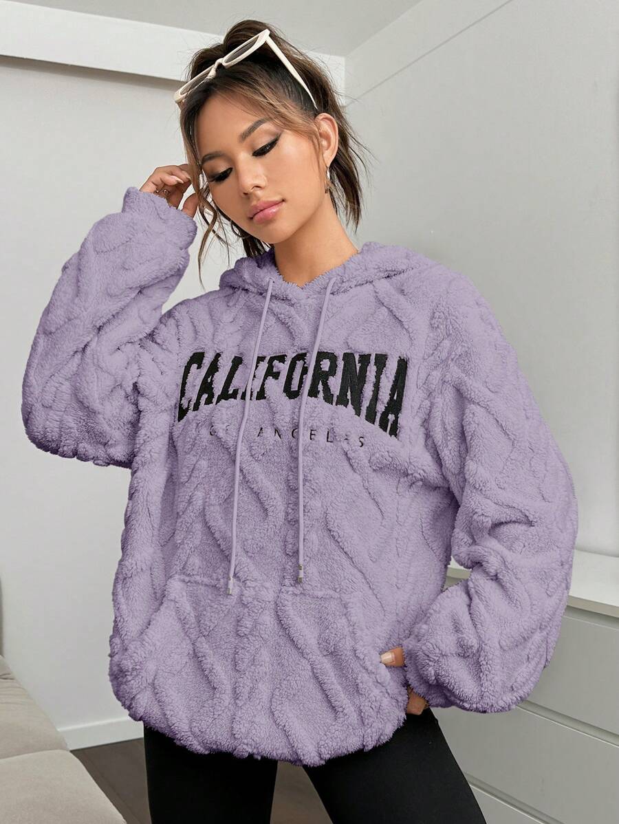 SHEIN EZwear Letter Embroidery Drop Shoulder Drawstring Hoodie In Fall/Winter - Lilac Purple - View 1