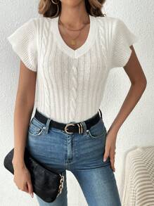 SHEIN LUNE Solid V Neck Cable Knit Top - White - View 4