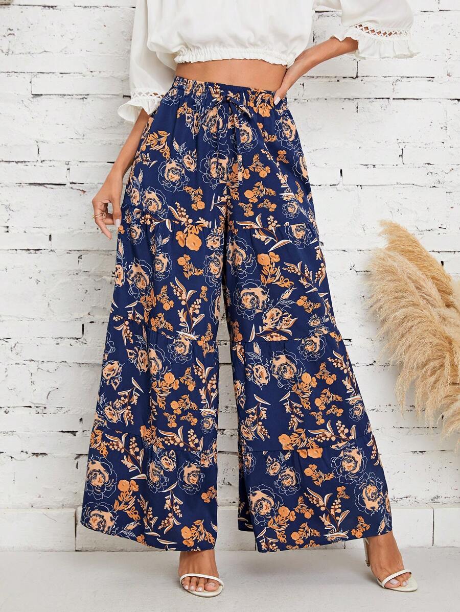 SHEIN VCAY 印花前打結闊腿褲 - 藏蓝色 - 查看 1