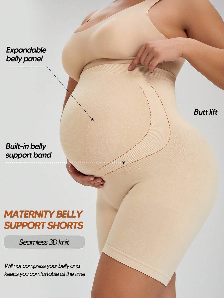 Maternity Solid Biker Shorts - Beige - View 1