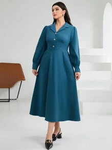 Mulvari Plus Size Turn-down Collar Shirt Dress