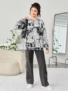 青少年女孩人像&日文圖案印花落肩袖運動衫 - 黑與白 - 查看 4