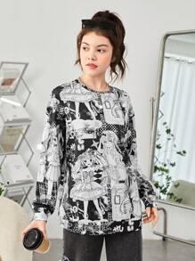 青少年女孩人像&日文圖案印花落肩袖運動衫 - 黑與白 - 查看 5