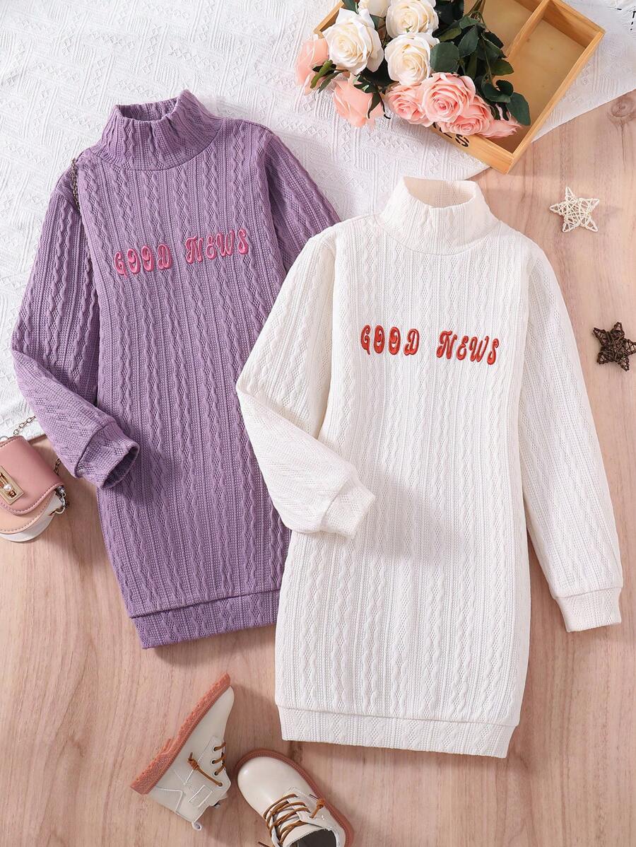 SHEIN 女大童2入組字母圖案小高領洋裝 - 白色 - 查看 1