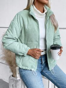SHEIN LUNE Abrigo con capucha de pana acolchado y bajo con cordón, ropa de invierno - Verde - Ver 6