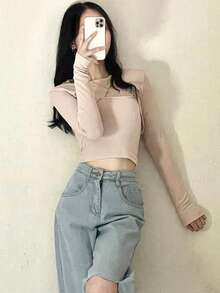 DAZY 實色交叉前t恤 - 米色 - 查看 6