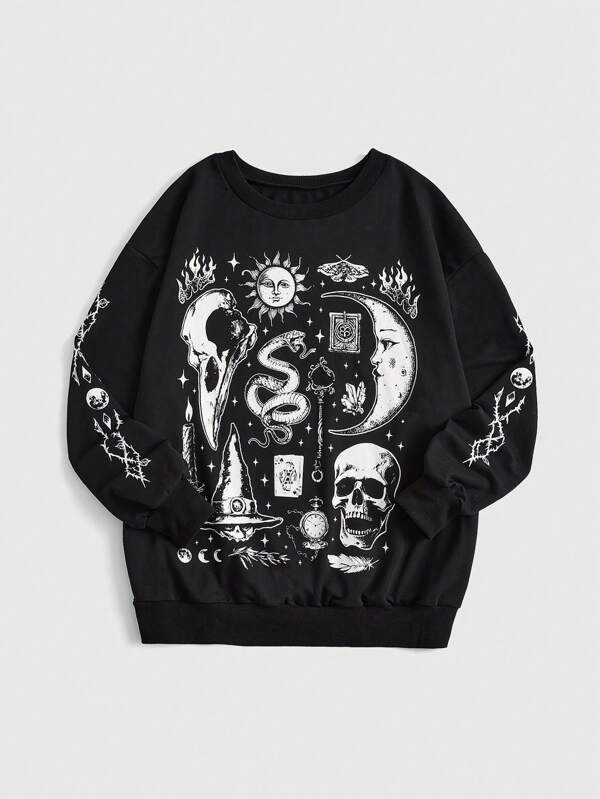 ROMWE Goth Plus Figure Graphic Drop Shoulder Sweatshirt, School Graduation,Back To School Outfits,Graduation,Teacher Outfits For Women,Back To School