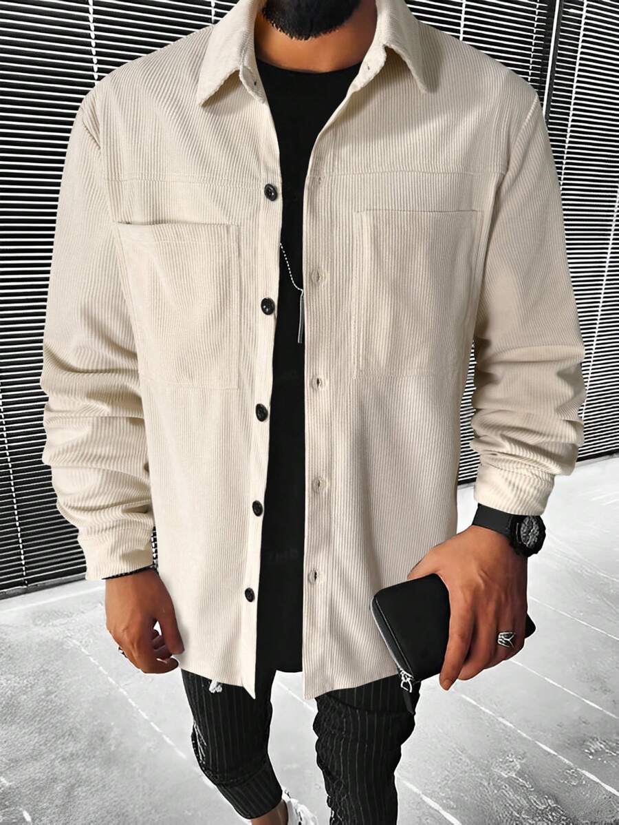 Manfinity Homme Men Dual Pocket Button Up Corduroy Jacket - Beige - View 1