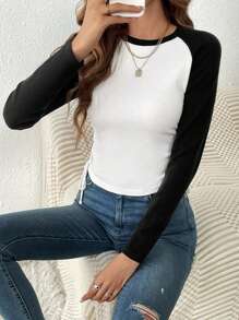 SHEIN LUNE Jersey de dos tonos de manga raglán con cordón lateral - Blanco y Negro - Ver 4