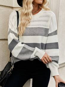 Chiquease Color Block Drop Shoulder Pointelle Knit Sweater - Grey - View 1