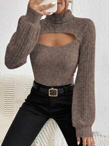 SHEIN Frenchy Cắt ra phía trước Áo cao cổ Cắt ra Tay áo lồng đèn Áo thun - Cà phê nâu - Xem 1