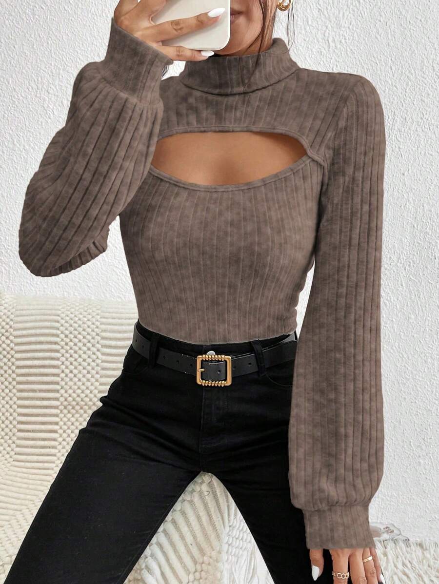 SHEIN Frenchy Cắt ra phía trước Áo cao cổ Cắt ra Tay áo lồng đèn Áo thun - Cà phê nâu - Xem 1