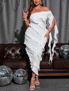 SHEIN Privé Hơn Một bờ vai Nhiều lớp Viền Ruffle Viền không đối xứng Đầm - trắng - Xem 6