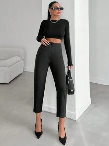 EURMUSE Solid Cropped Carrot Pants - Black - View 5