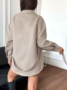 SHEIN Unity 翻蓋口袋落肩袖腰帶花呢外套 - 杏色 - 查看 2